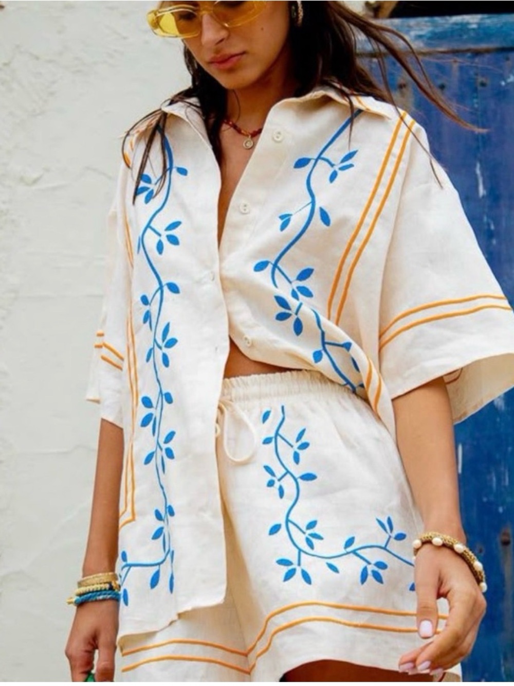 Cream Two-Piece Embroidered Shirt & Shorts Set with Blue Vines